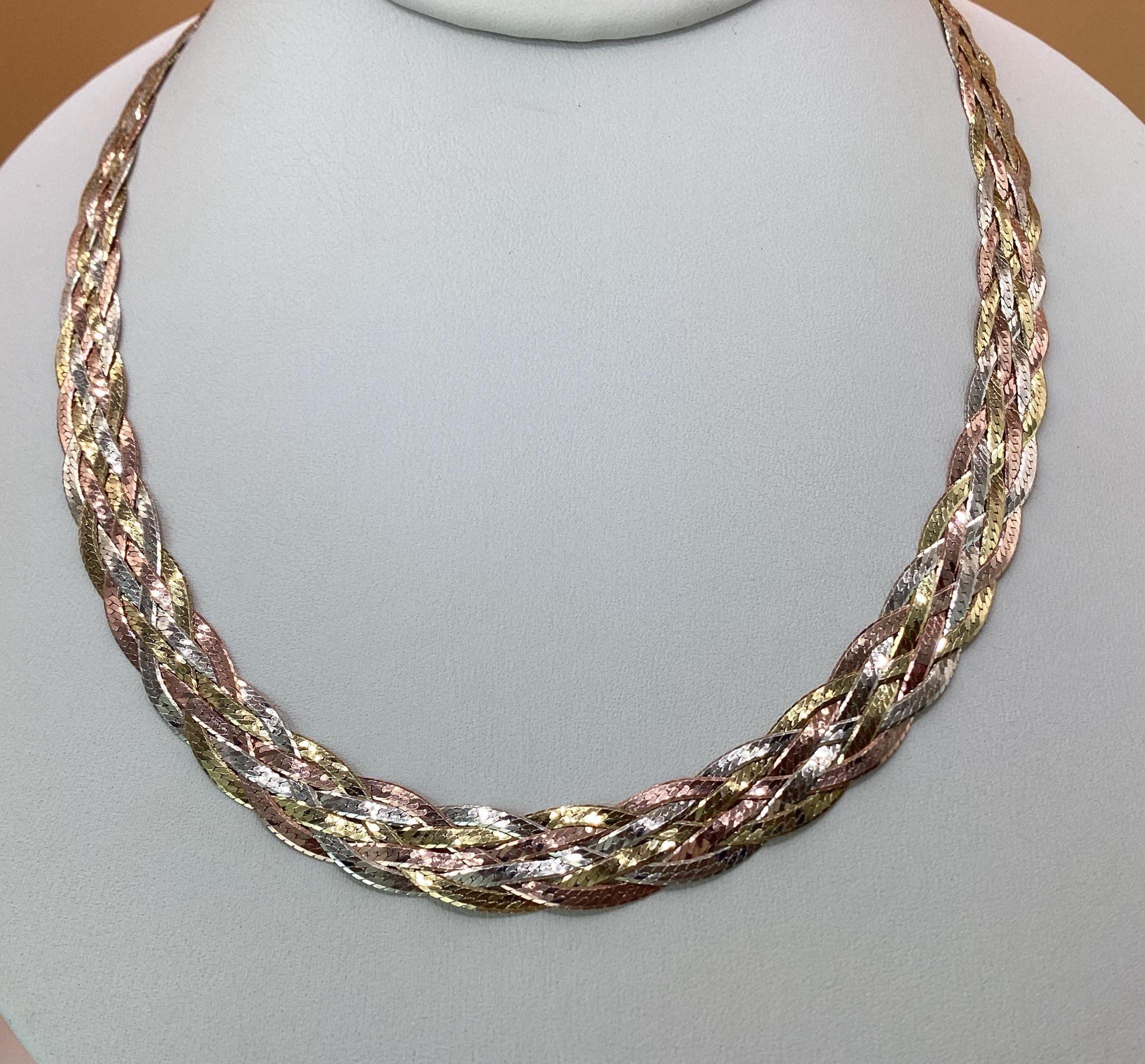 10 mm visgraatketting 18 inch 4 vlechtwerk 925 Italiaans zilver 14k geel goud en 14k roségoud driekleurige ketting gevlochten ketting moeder vader cadeau