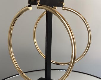 14k Hoop Earrings EX-Large 80mm Gold Filled Hoops 4mm Wide Tube Shiny