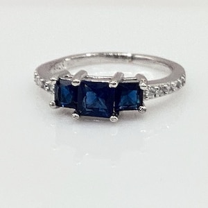 Blue Sapphire Ring 3 Stone Anniversary Sapphire Band 3 Square Sapphire Ring September Anniversary Band September Birthday Gift