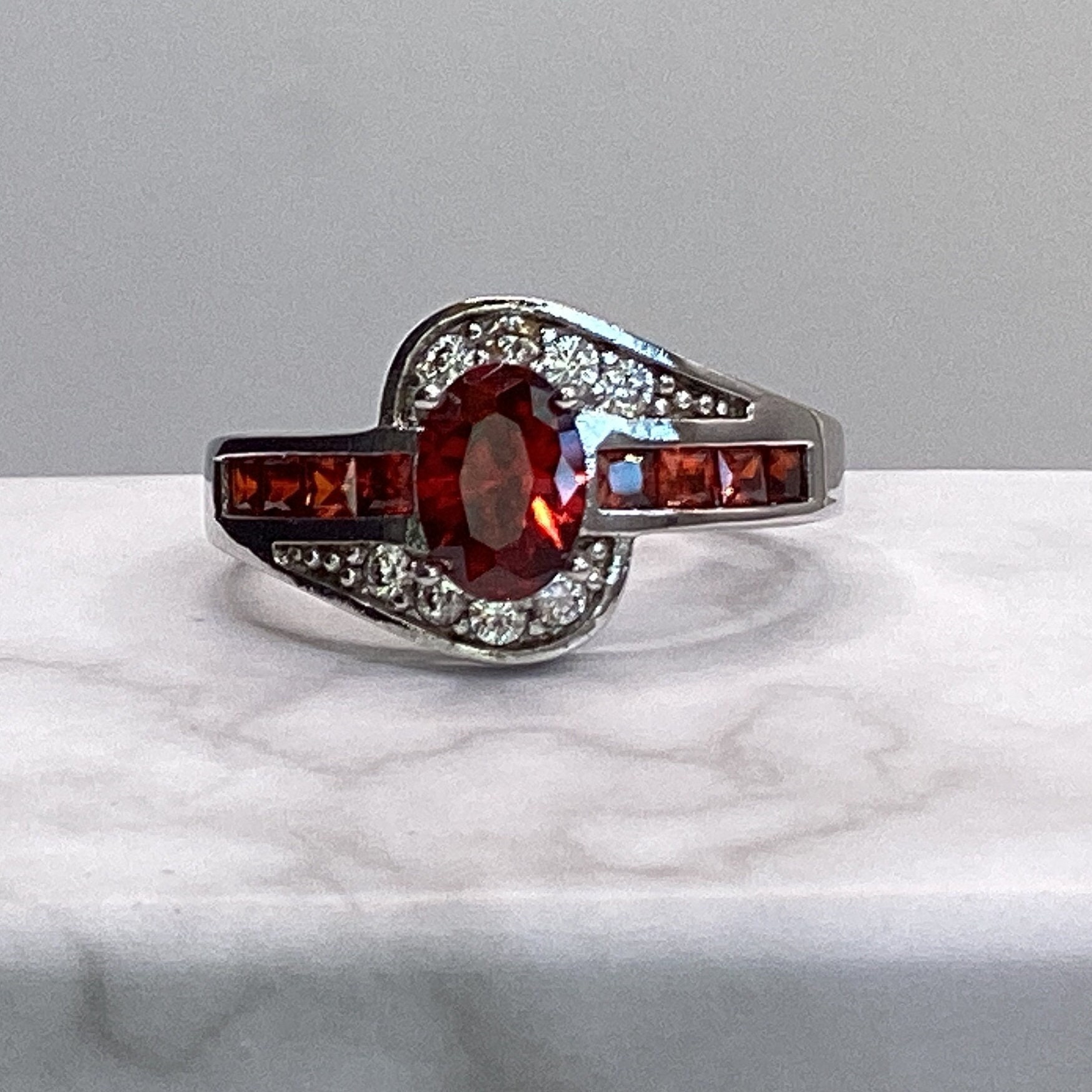 Garnet Ring 10k White Gold Filled Genuine Garnet Ring Oval Garnet Baguettes January Birthstone Sweet Sixteen Gift Birthday Gift