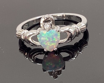 Irish Claddagh Ring Heart Ring Heart Shaped Opal Ring Sterling Silver Valentines Gift Heart Opal St Paddy Sweetheart Birthday