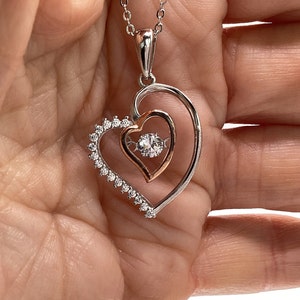 Heart Necklace Dancing Diamond Necklace Sterling Silver & Rose Gold Moissanite Heart Necklace Includes Chain Valentines Engagement Gift