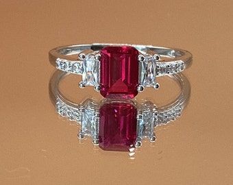 Ruby Ring Radiant Cut Ruby with Radiant Cut Zircon July Birthstone Ruby Engagement Anniversary Gift Ruby Birthday Gift