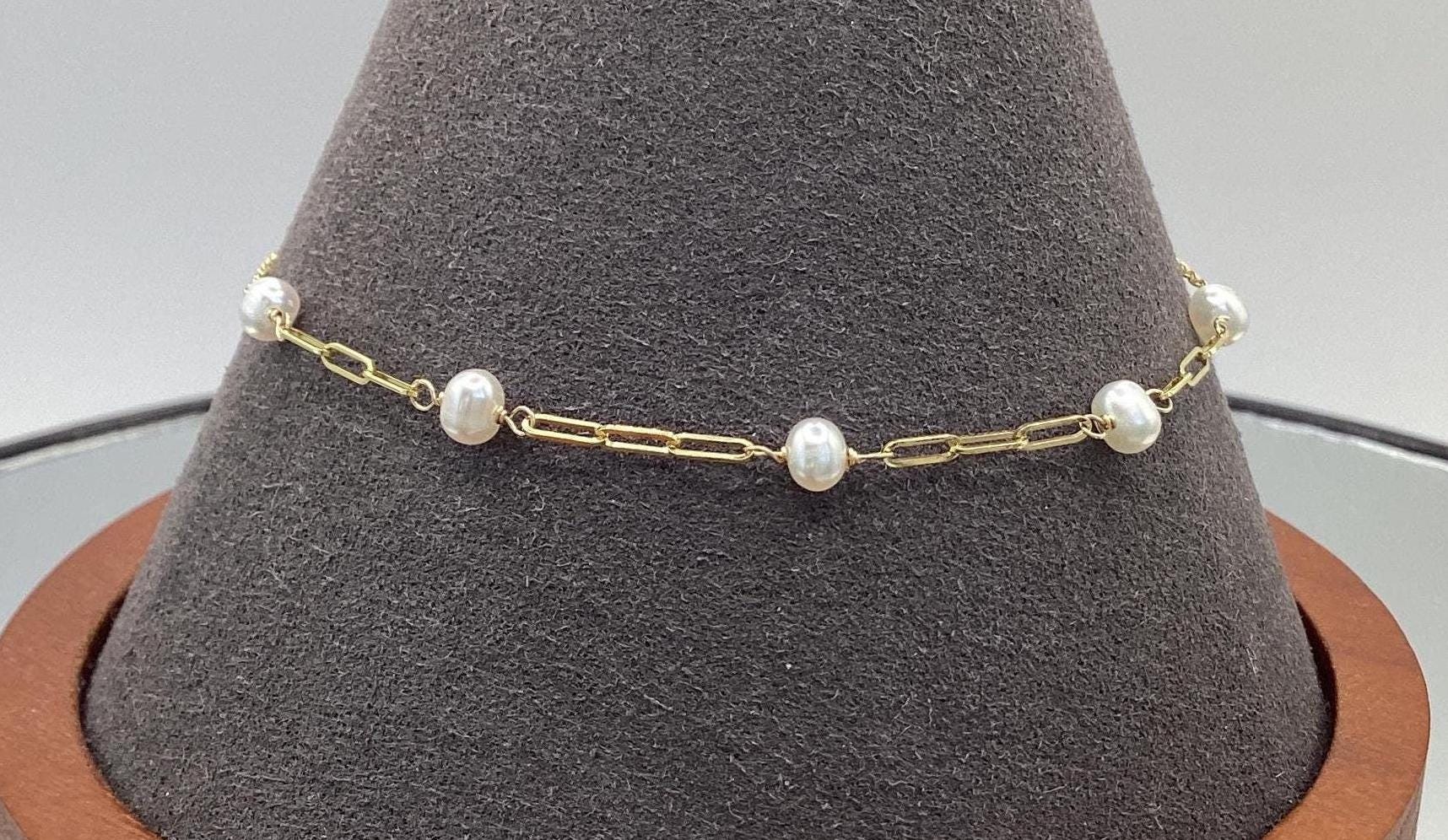 14k Paper Clip Bracelet and Genuine Pearls Adjustable Pearl Bracelet Bolo Bracelet 3.5mm Natural Pearl Bracelet Wedding Bride Gift Sweet 16