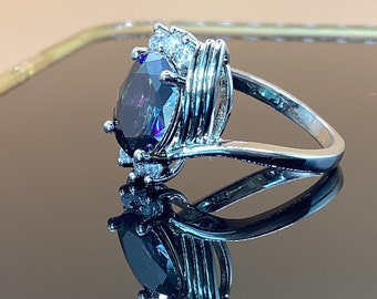 Bague En Argent Avec Opale De Feu Bleue Et Topaze Mystique 6 Mm - Taille 56-57, Neuf Sans Boîte