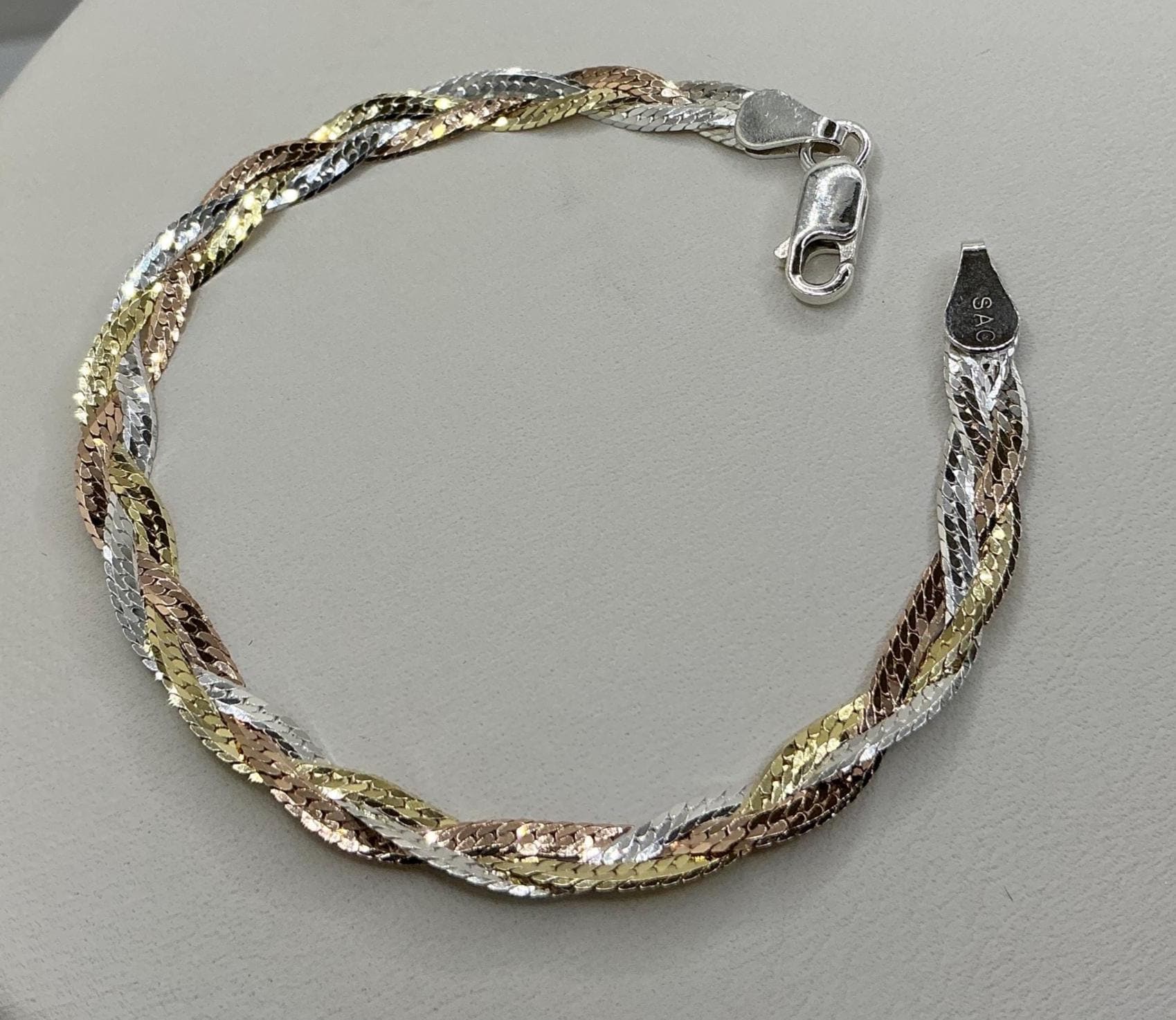Sterling Silver Herringbone Bracelet Italian Silver 925 Tri-Color 