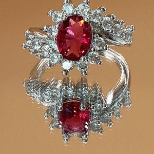 Ruby Ring Oval Red Ruby with Zircon July Birthstone Halo Ruby Ring July Birthday Gift Ruby Ring Sweet Sixteen Gift July Anniversary Gift