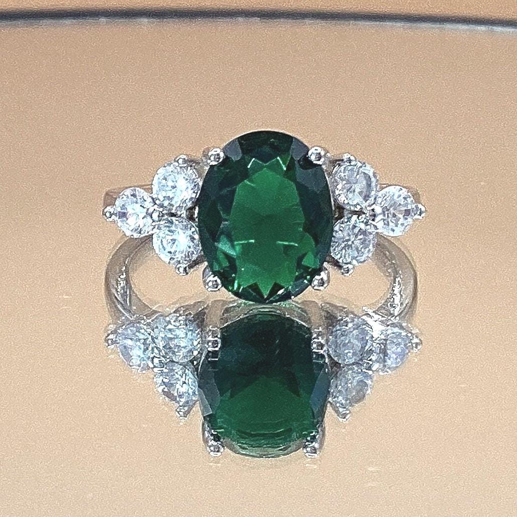 Emerald Ring Oval Emerald Ring with Trillion Formation Round Zircon May Birthstone May Engagement May Birthday Gift Emerald Engagement