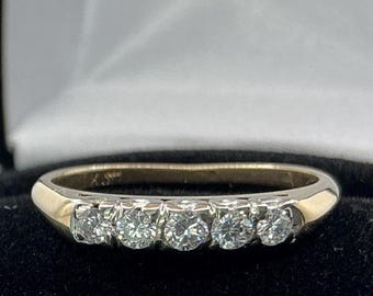 Vintage 1/2ct. Diamond Anniversary Ring Estate 14k 2 Tone Yellow & White Gold 5 Stone Band Eternity Ring Wedding Gift Birthday Anniversary