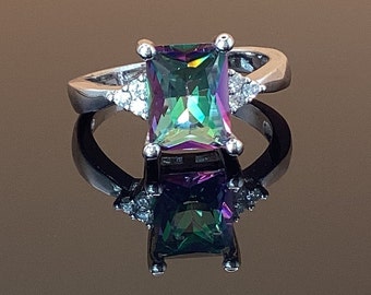 Mystic Topaz with Trillion Formation Emerald Cut Mystic Topaz Engagement Ring June Birthstone Alexanderite Gift June Anniversary Gift