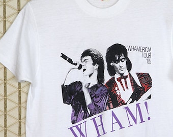 WHAM, George Michael t-shirt, vintage rare white tee, concert tour, SCREEN STARS, New Wave, 1980, 1985, double sided, tour dates