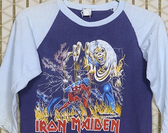 Iron Maiden turnétröja med Judas Priest, vintage 1980-tals sällsynt konserttröja jerseyring raglan baseboll heavy metal dubbelsidig blekt