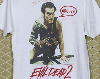 Evil Dead 2 shirt, vintage rare horror movie T-shirt, zombie Army of Darkness Tales from the Crypt Living Dead Night Day Dawn Return, white