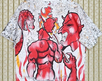 Camiseta de Satanás y serpiente, camiseta de terror vintage, estampado integral, blanca, dragón, Pinhead Hellraiser Ocultismo Satánico Diablo Dios Jesús Demonios