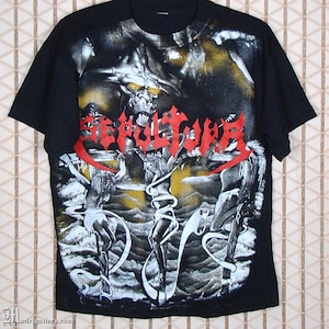 Sepultura t-shirt, black tee shirt, vintage rare, Kreator Pantera Slayer Sodom Venom, Morbid Visions big all over print, metal thrash death