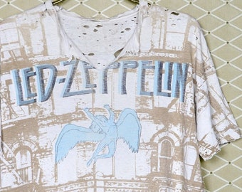 Led Zeppelin t-shirt, Swan Song tee shirt, vintage rare Black Sabbath Deep Purple Robert Plant Jimmy Page, thrashed soft thin all over print