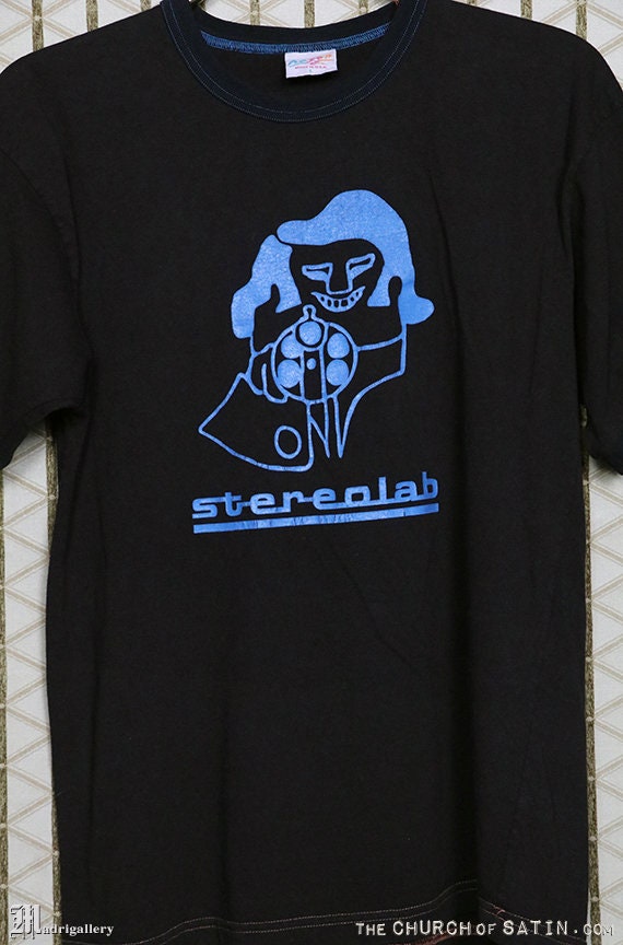Stereolab T-shirt, Vintage Rare Tee Shirt, Black Blue Ringer Shirt
