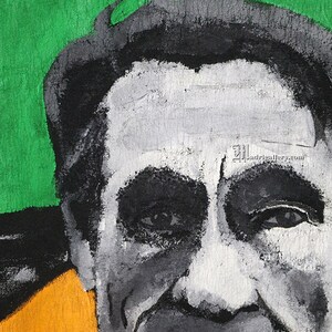May include: A black and white painting of a man's face. The man has a white forehead, black eyes, and a gray beard. The background is green with the words "THE CURE" written in white.
