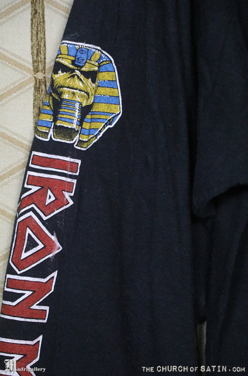 Pu&ograve; includere: Maglietta nera a maniche lunghe con un logo rosso "IRON MAIDEN" sulla manica sinistra e una grafica di una testa di faraone sulla manica destra. Il testo "THE CHURCH OF SATIN.COM" &egrave; stampato nell'angolo in basso a destra della maglietta.