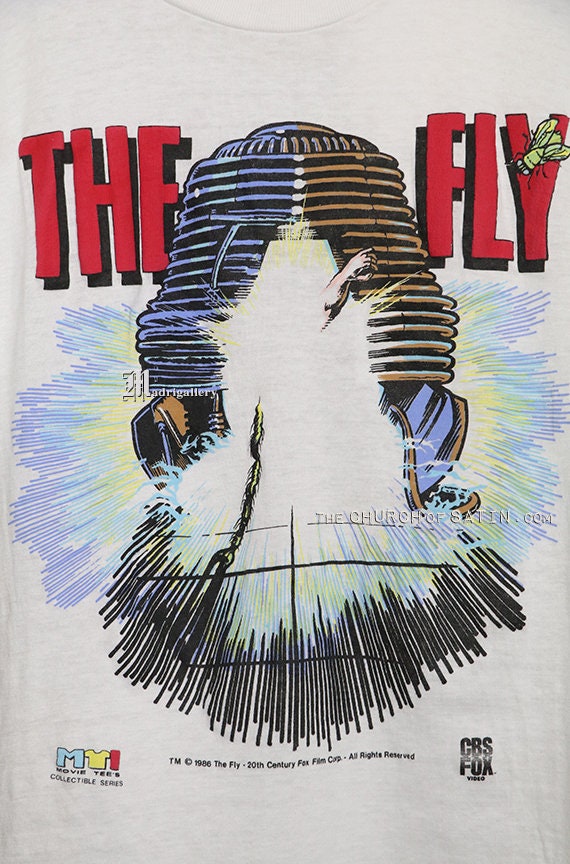 フライホラー映画Tシャツ、1986年ヴィンテージレアホワイト