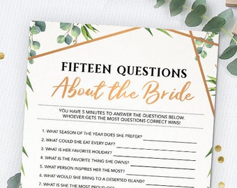 Fifteen Questions About the Bride, Bridal Shower Game, Instant Download, Printable, Wedding Game, Bridal Shower Games, Greenery Theme