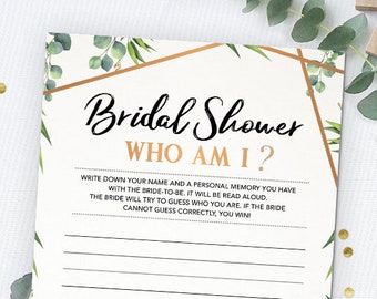 Bridal Shower Who Am I, Bridal Shower Games Printables, Bridal Shower Game Idea, Bridal Shower Instant Download, Wedding Game, Gold Greenery