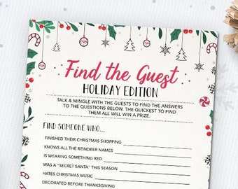 Find The Guest Holiday Edition, Let's Mingle, Christmas Game, Printable Christmas Activity, Instant Download Family Games for Christmas, Red