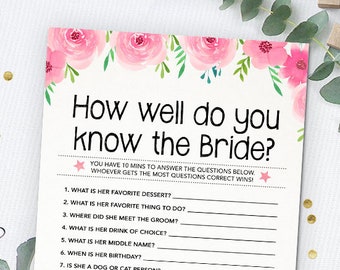 How Well Do You Know The Bride, Printable Bridal Shower Games, Bachelorette Party Games, Instant Download, Digital Download, Wedding Quiz