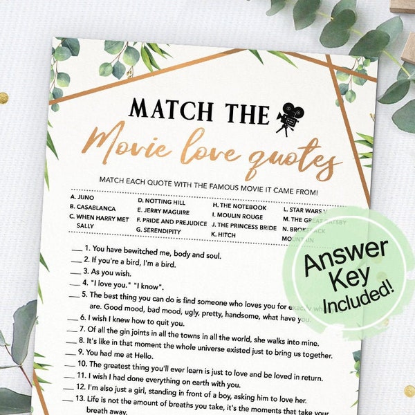 Match the Movie Love Quote, Bridal Shower Games Printables, Bridal Shower Game Idea, Bridal Shower Instant Download, Wedding Game, Bronze