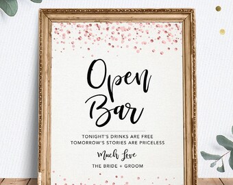 Open Bar Sign, Drinks Printable Sign, Bridal Shower Decor, Bridal Shower Sign, Wedding Sign, Instant Download, Rose Gold Confetti, 8x10 Sign