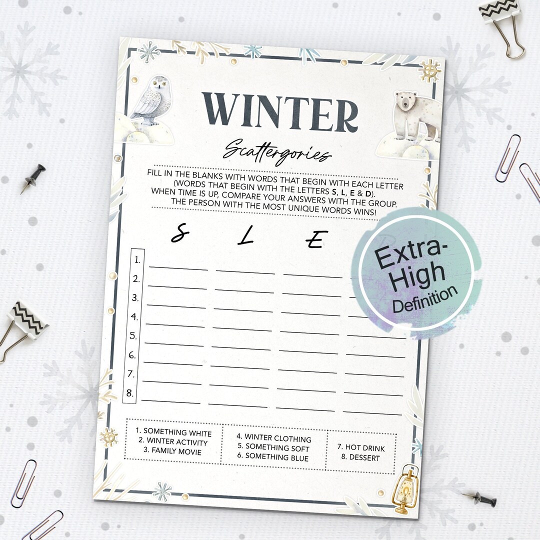 Winter Scattergories Game  Winter Scattergories  Printable