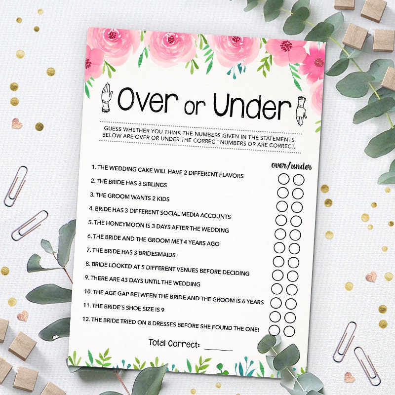 Over or Under Bridal Shower Game Printable Bridal Shower Etsy Canada