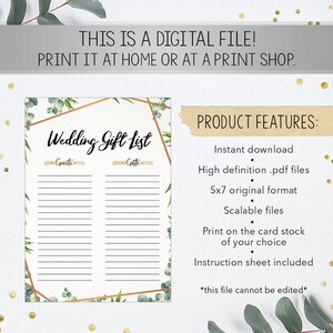 Wedding Gift List Bridal Shower Printable Bridal Shower - Etsy