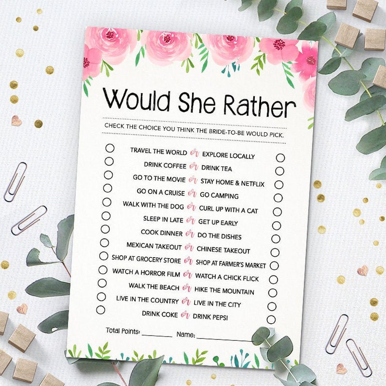 Would She Rather, Bridal Shower Games, Printable Wedding Shower Game, Instant Digital Download, Bachelorette Party Games, Hen Party Games image 1