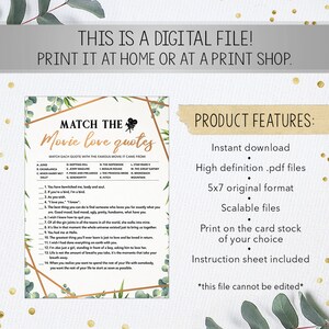 Match the Movie Love Quote, Bridal Shower Games Printables, Bridal Shower Game Idea, Bridal Shower Instant Download, Wedding Game, Bronze image 2