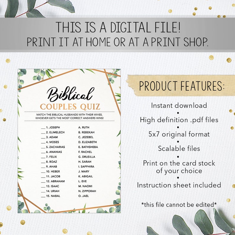 Biblical Couples Quiz Bridal Shower Game Printable Bridal Etsy
