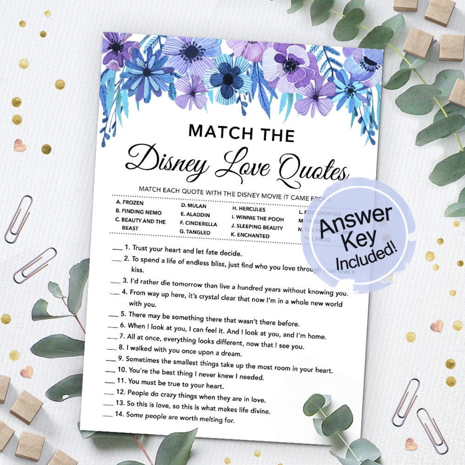 Match Disney Love Quotes Bridal Shower Games Printables Etsy