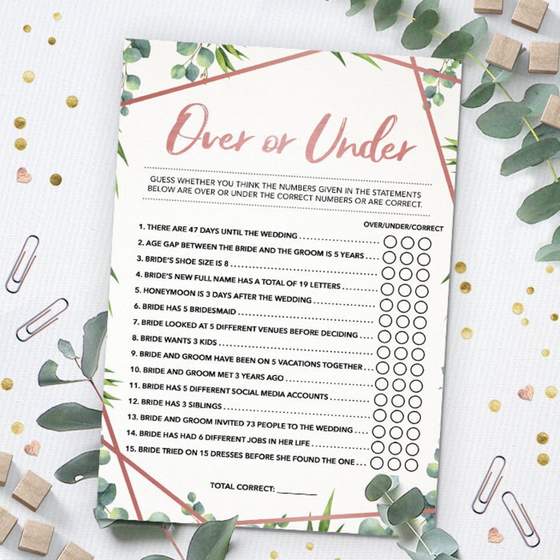 Over or Under Bridal Shower Game Printable Instant Download - Etsy