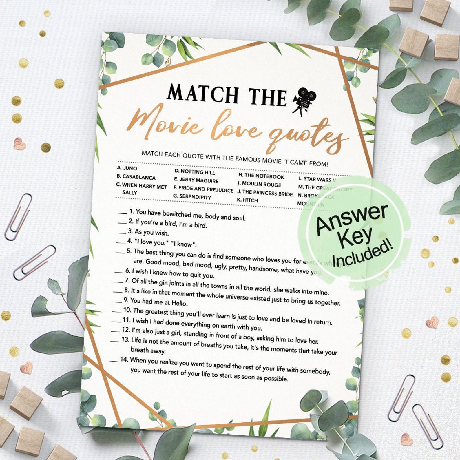 Match the Movie Love Quote Bridal Shower Games Printables Etsy