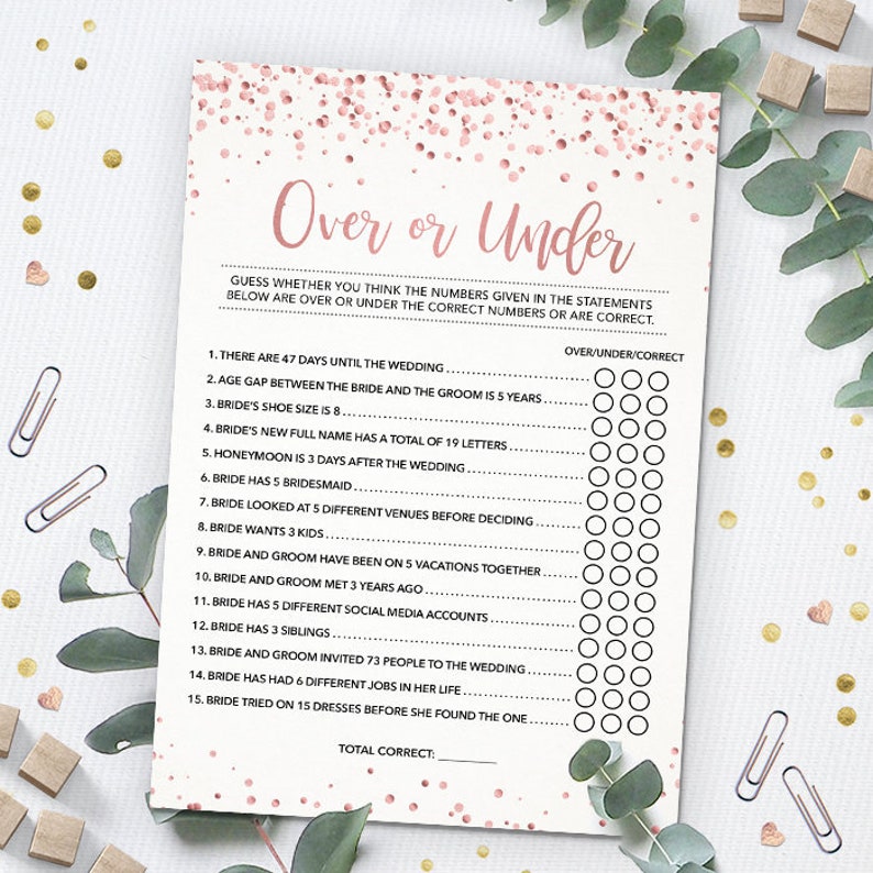 Over or Under Bridal Shower Game Printable Bridal Shower - Etsy