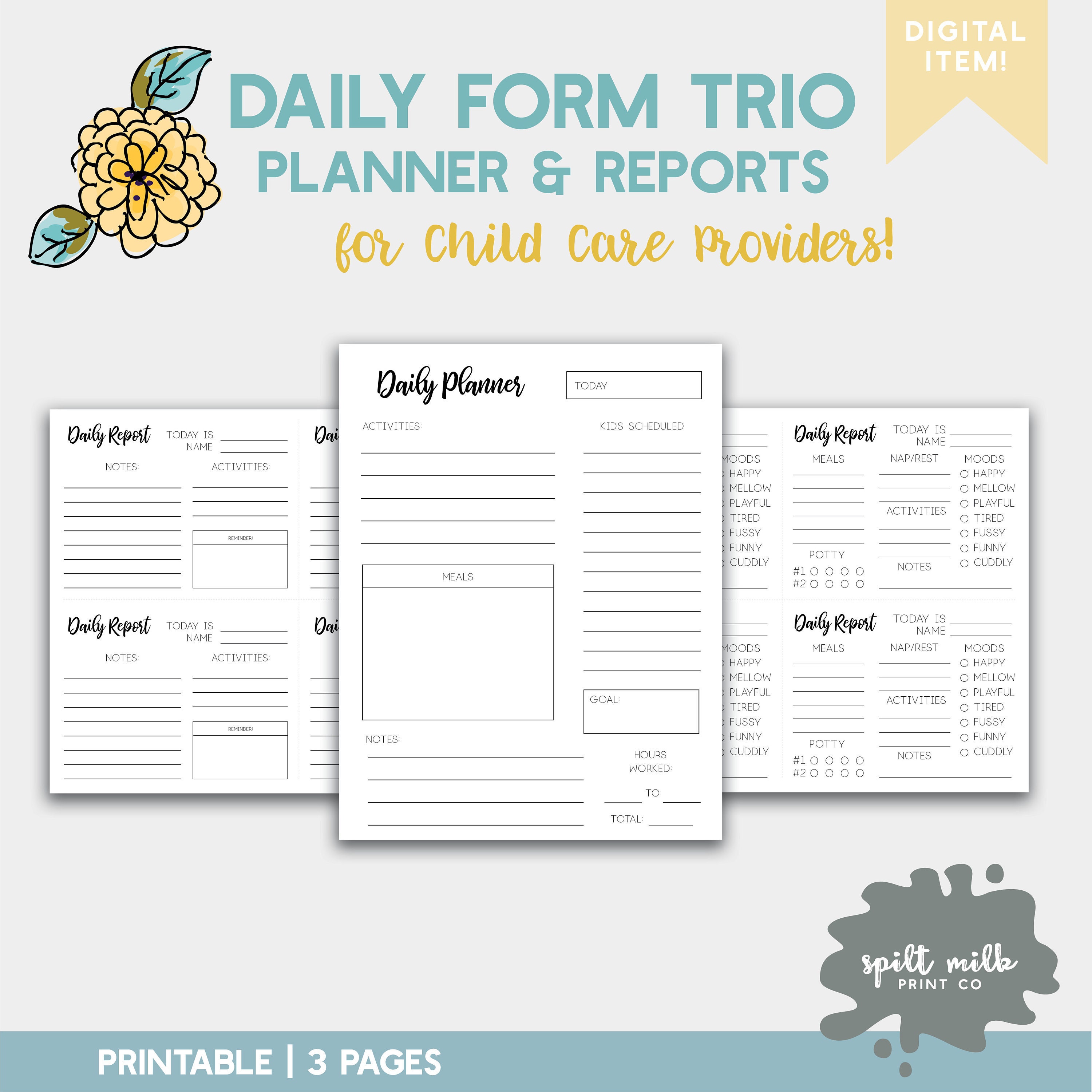 Daily Form Trio Planner + Reports for Daycare Digital Download, Child Care  Printable, Nanny Forms With Daycare Infant Daily Report Template