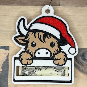 Adorno del titular del dinero de Navidad de la vaca de las tierras altas - ornamento festivo de la vaca - decoración navideña - regalo del amante de las vacas - titular del efectivo - ornamento del dinero