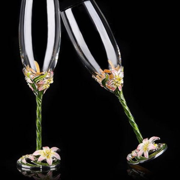 Verres à flûte à champagne, motif floral en cristal bohème émaillé et bijou, cadeau de mariage fait à la main, cadeau de vacances pour elle et sa mère