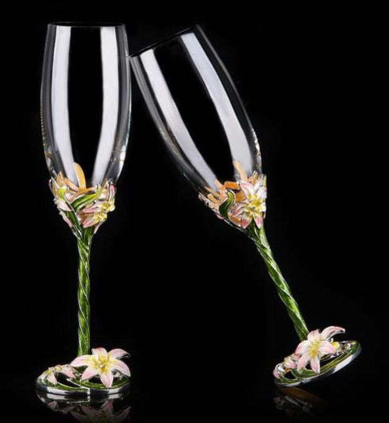 Champagne Flute Glasses, Enameled and Jeweled Bohemian Crystal Floral