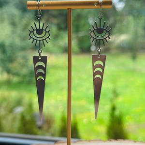 Evil Eye & Crescent Moon Triangle Spike Charms - Dangly Stainless Steel Earrings