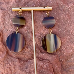 Marbled Brown Acetate Lightweight Circle Earrings with 22K Gold Plated Hooks - brown, beige, and gold colors