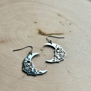Lightweight Stainless Steel Crescent Moon with Floral Design Earrings