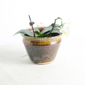 May include: A ceramic flower pot with a brown and gold glaze, containing green leaves and white orchid flowers. The pot has a wide top and tapers down to a smaller base. The background is white.