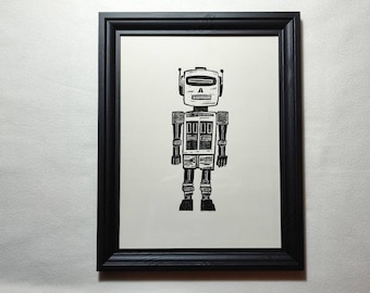 Original linoleum printing in frame - 40 x 30 cm - robot / robot head printmaking, handmade illustration