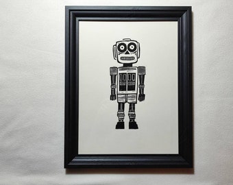 Original linoleum printing in frame - 40 x 30 cm - robot / robot head printmaking, handmade illustration